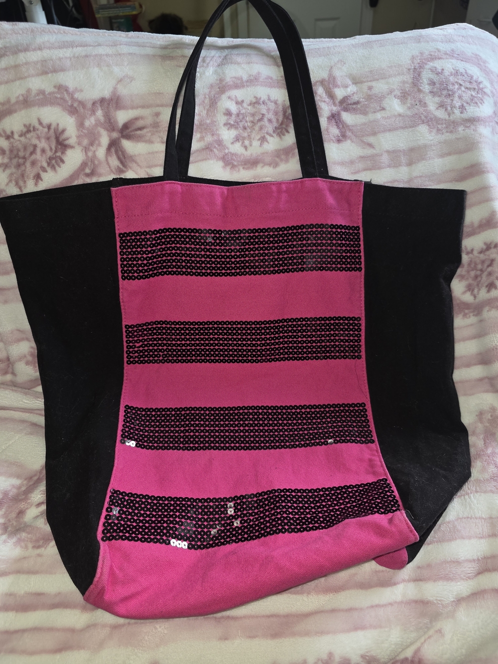 Victoria's Secret Pink and Black Sequin Stripe Tote Bag - Picture 2 of 3